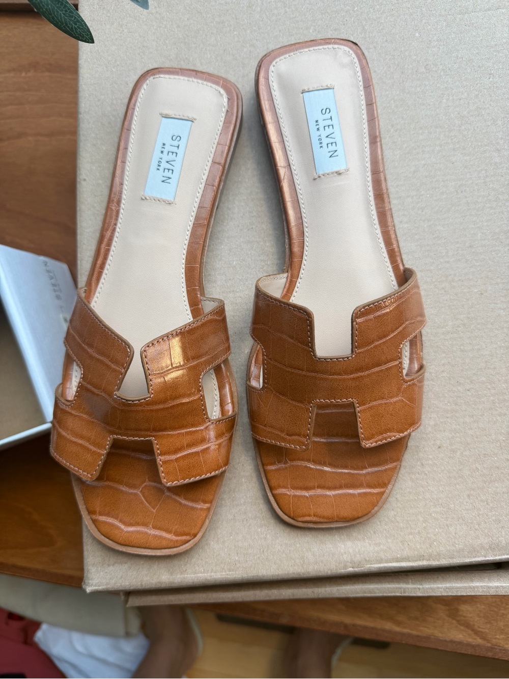 Steven New York Tan Croc-Embossed Slide Mules